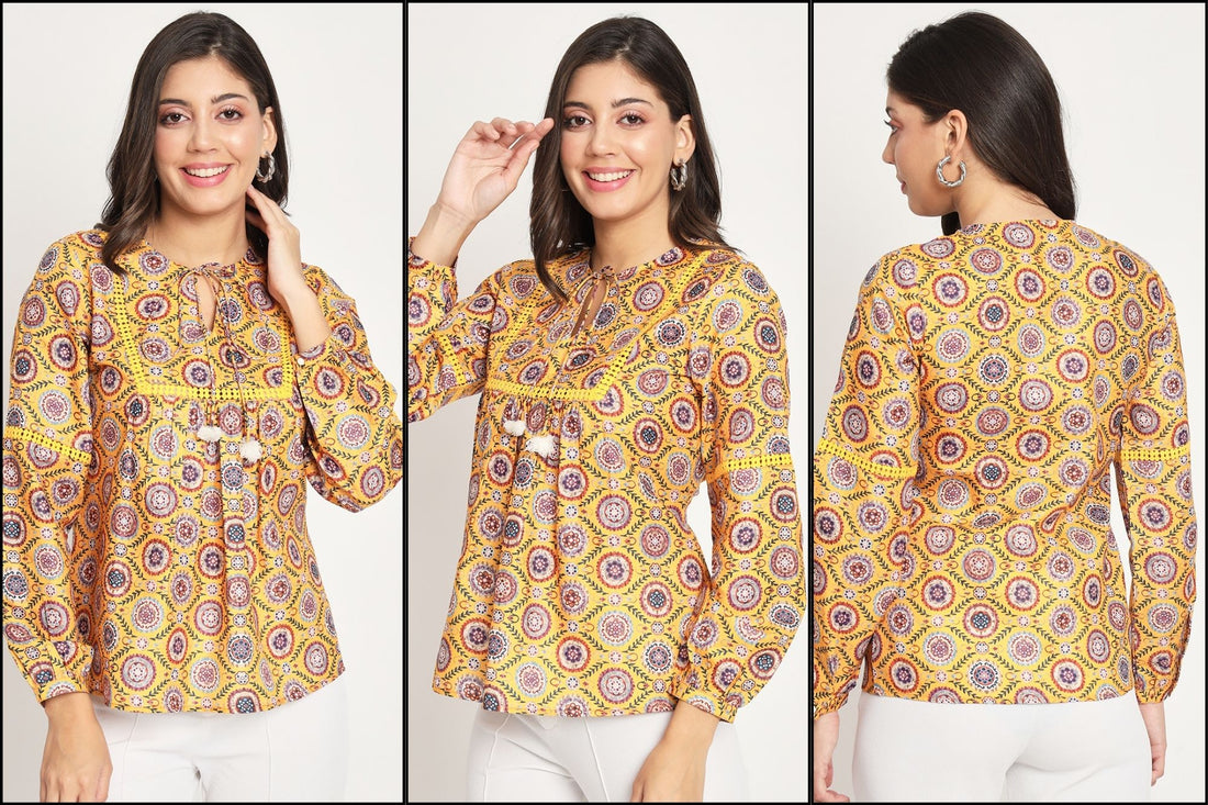 Elevate Your Wardrobe with Ethnic Motifs Printed Tie-Up Neck Kurti for Women