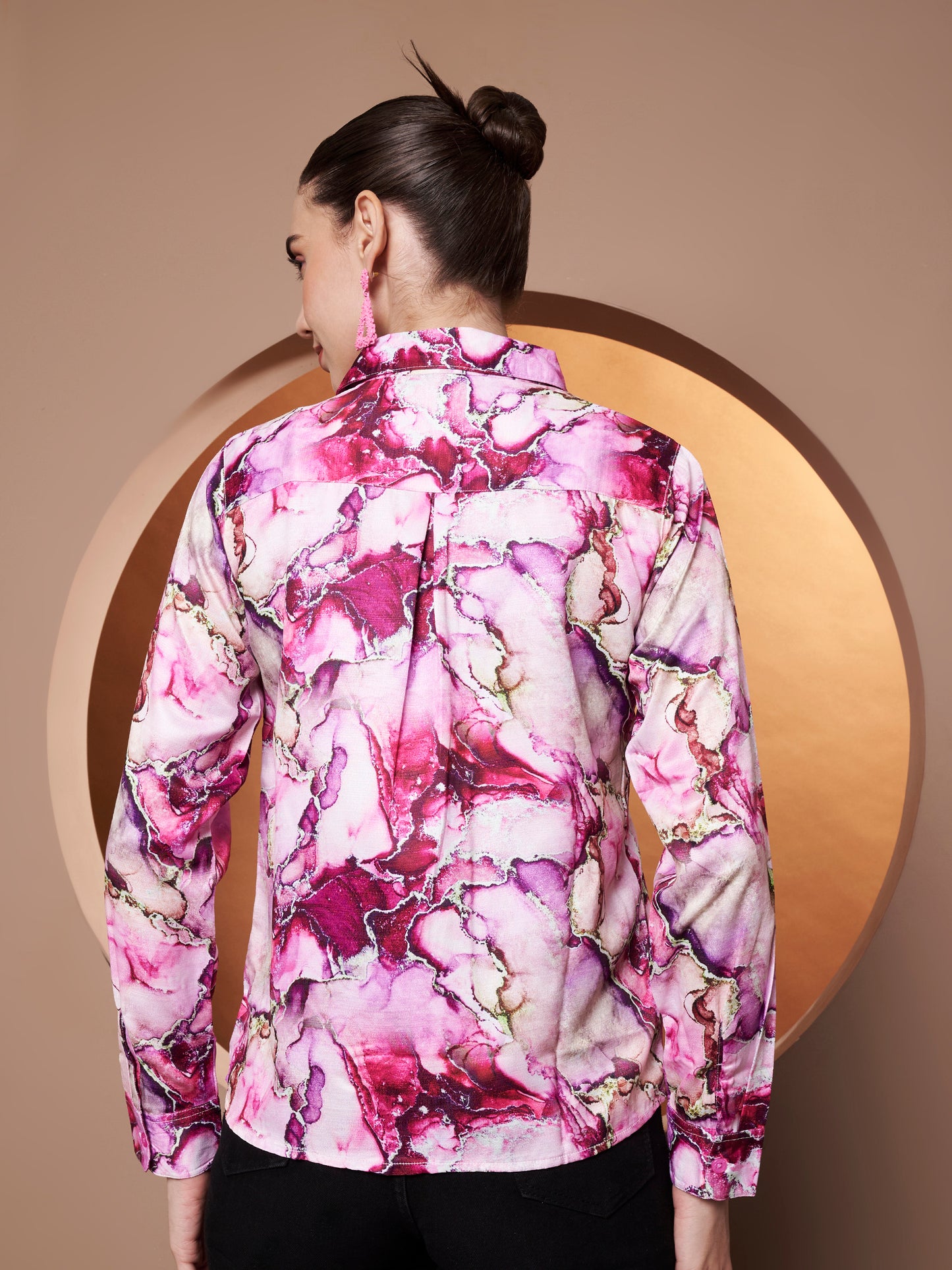 Women Classic Abstract Printed Pink Casual Shirt back side