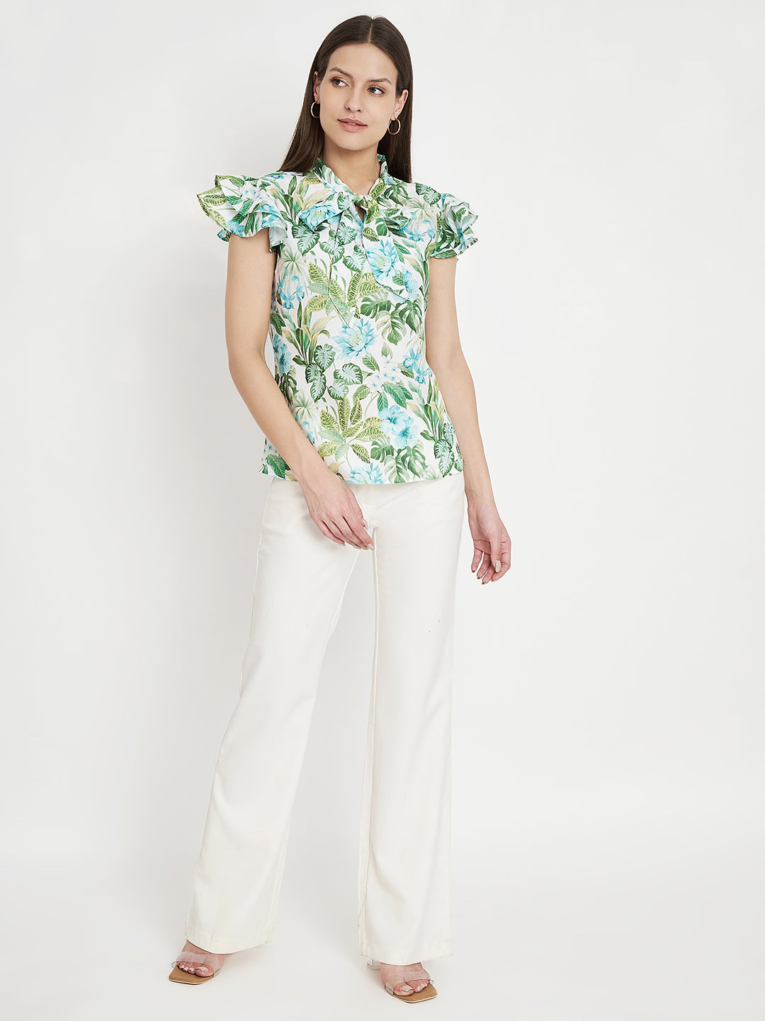 Women Floral Printed Tie-Up Neck Green Top