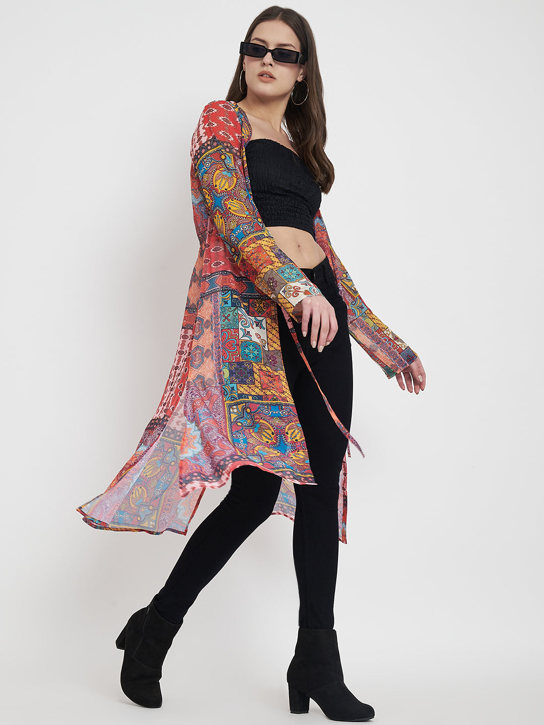 Women’s Printed Longline Tie-Up Shrug Stylish Versatile Cover-Up