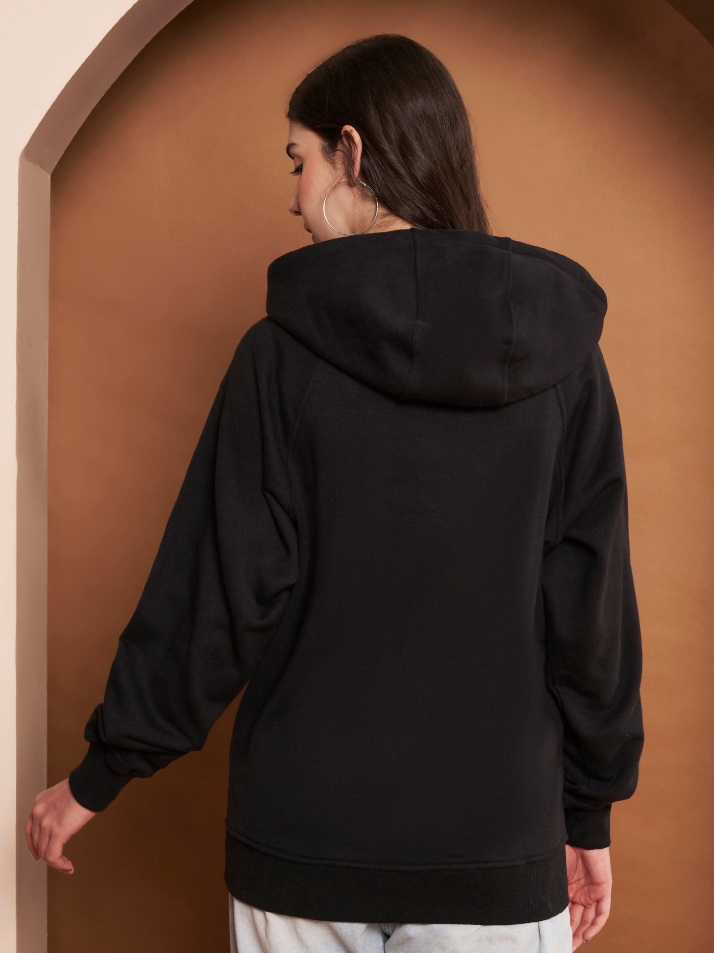 Women Floral Printed Cotton Black Hoodie