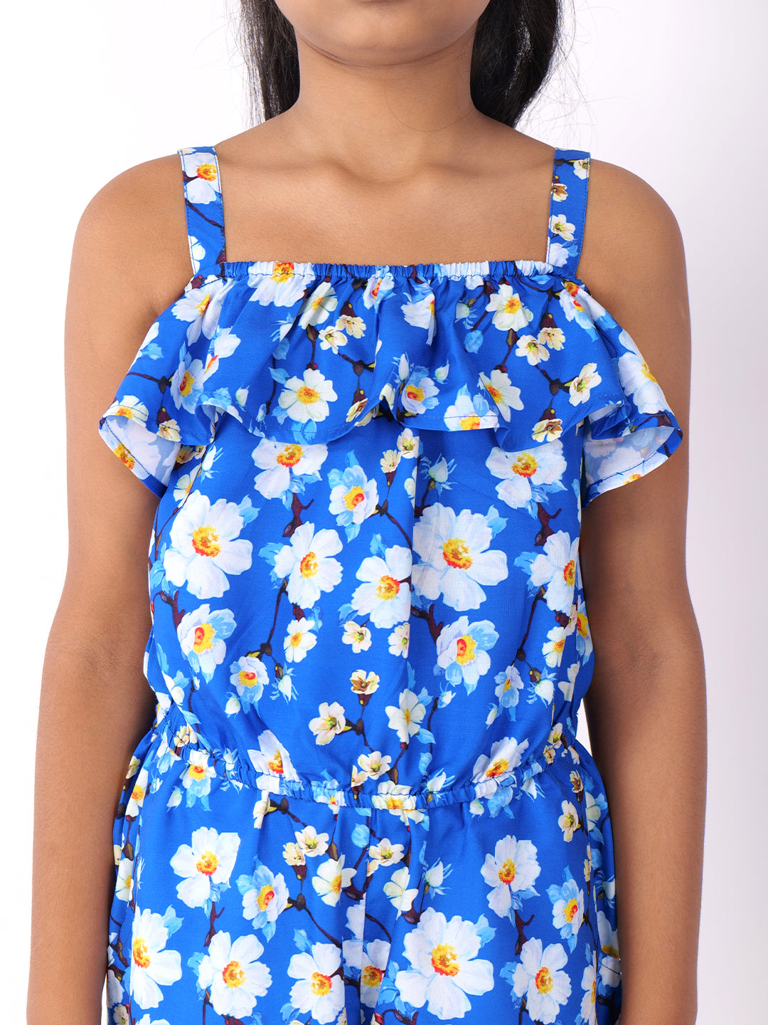 Girls Floral Shoulder Straps Printed Pure Cotton Top With Shorts
