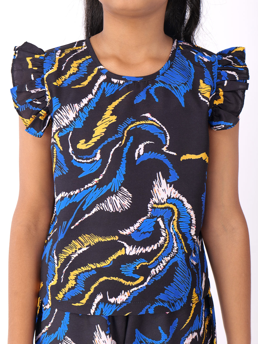 Girls Abstract Printed Round Neck Top With Shorts