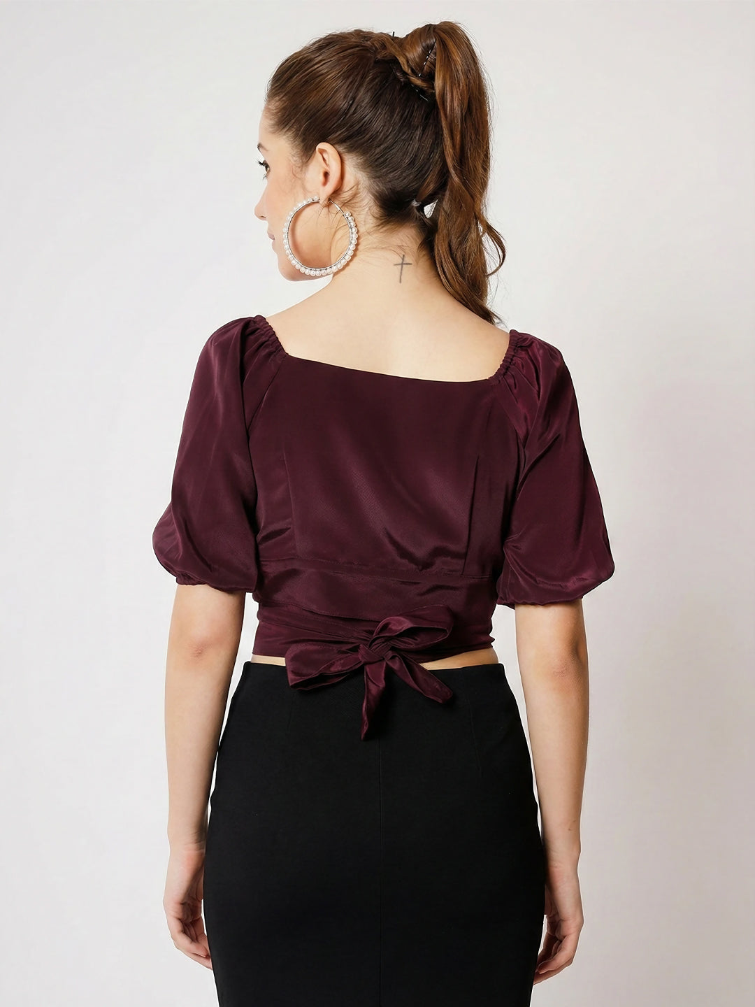Puff Sleeves Crepe Cut Out Wrap Crop Top back side