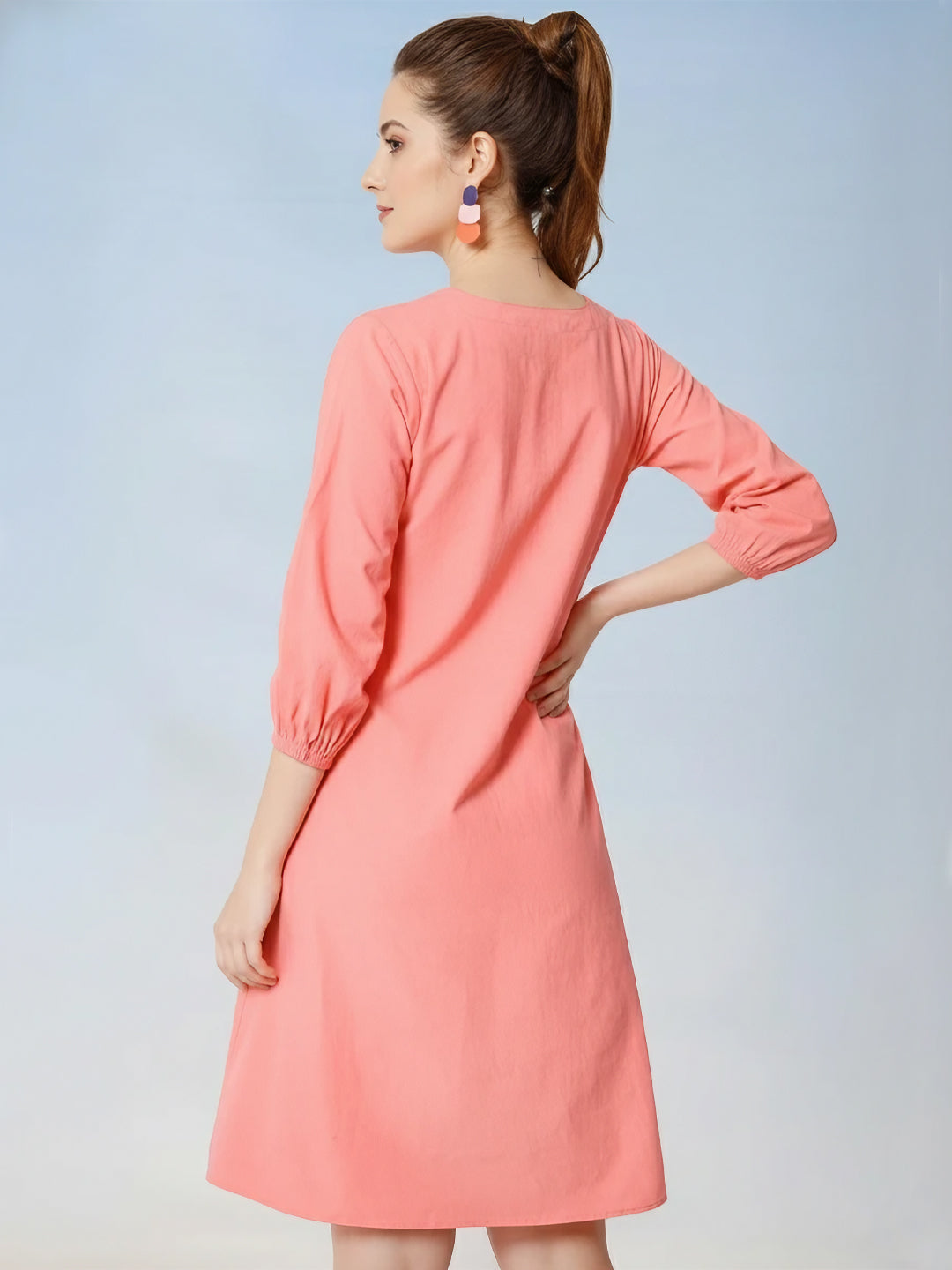 V-Neck Pure Cotton A-Line Dress back side