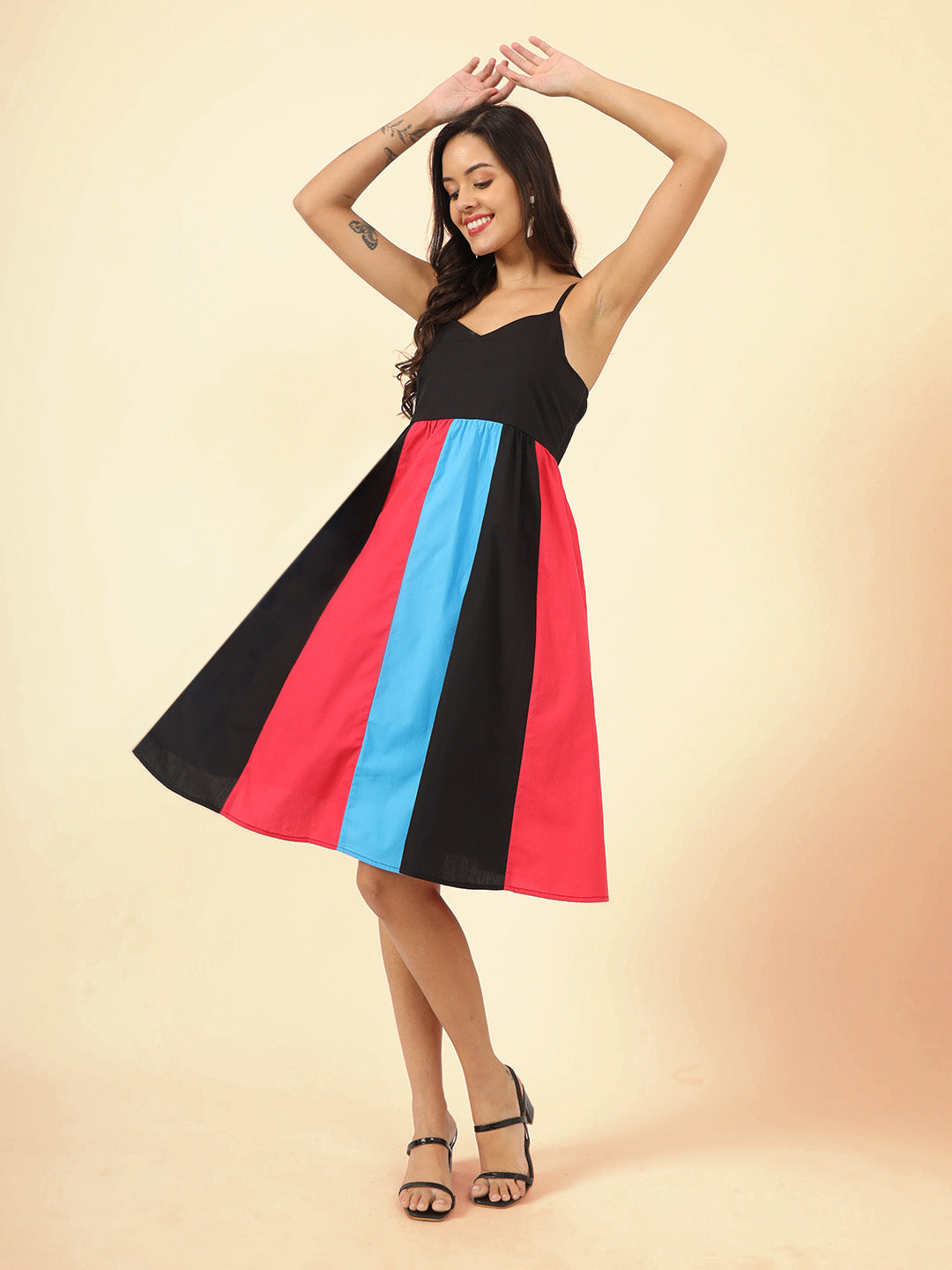 Stylish Colourblocked Fit Flare Dress for Women Trendy Casual