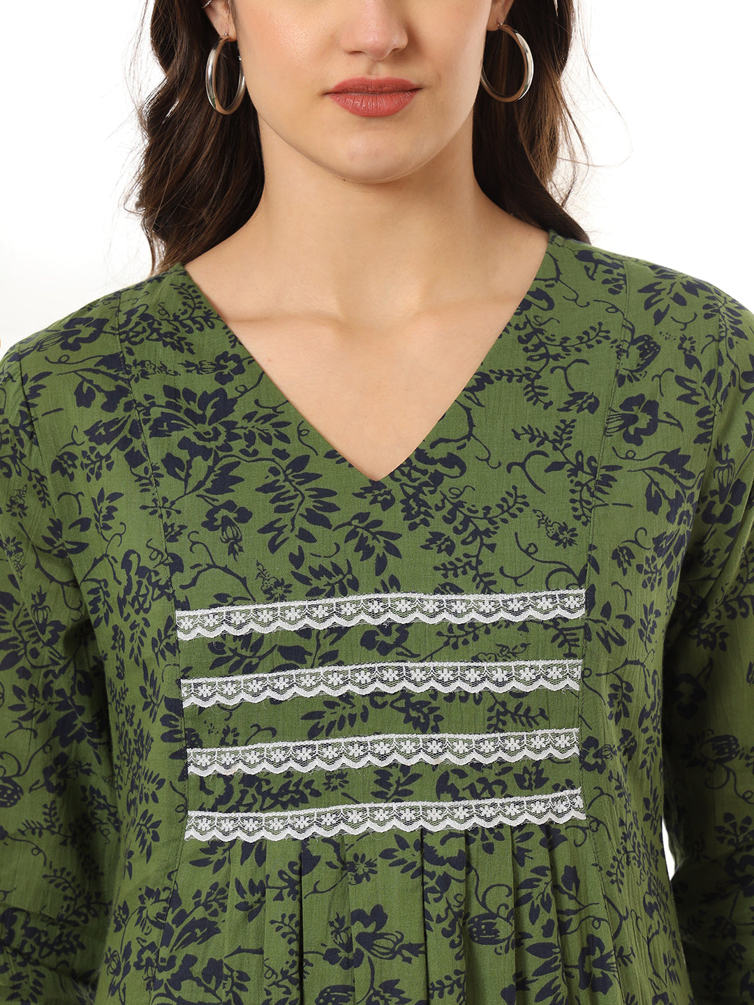 Floral Printed V-Neck Pure Cotton Pleated Anarkali Kurti