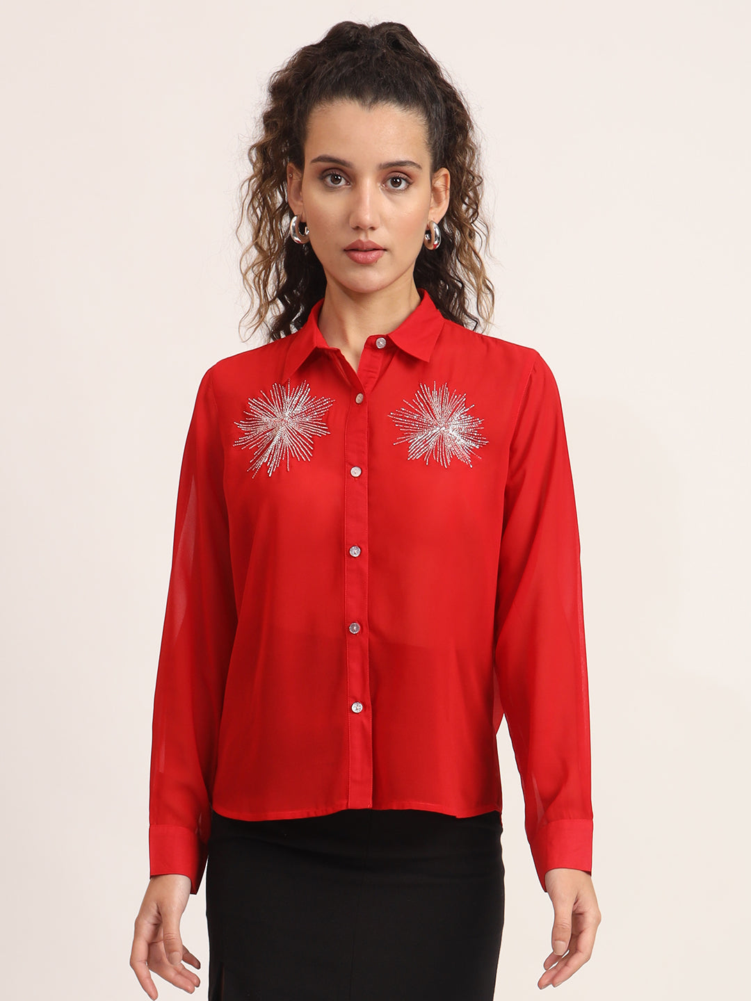 Women Semi Sheer Bead Work Partywear Shirt