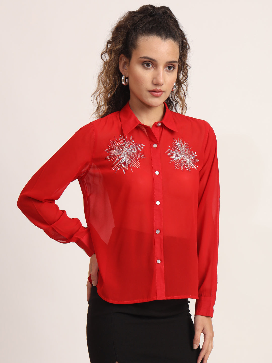 Women Semi Sheer Bead Work Partywear Shirt