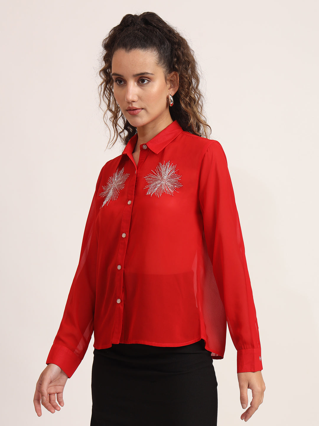 Women Semi Sheer Bead Work Partywear Shirt