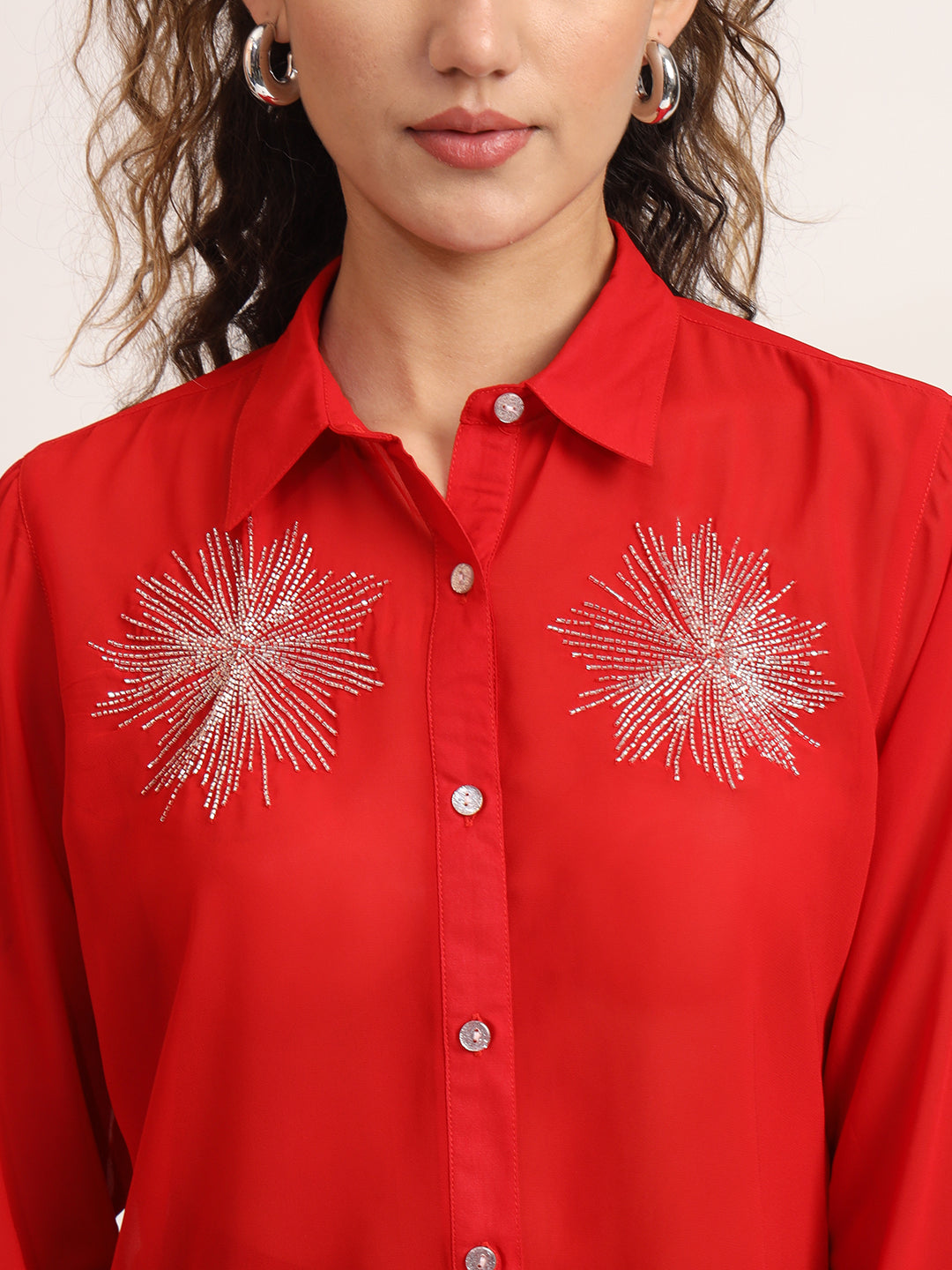 Women Semi Sheer Bead Work Partywear Shirt