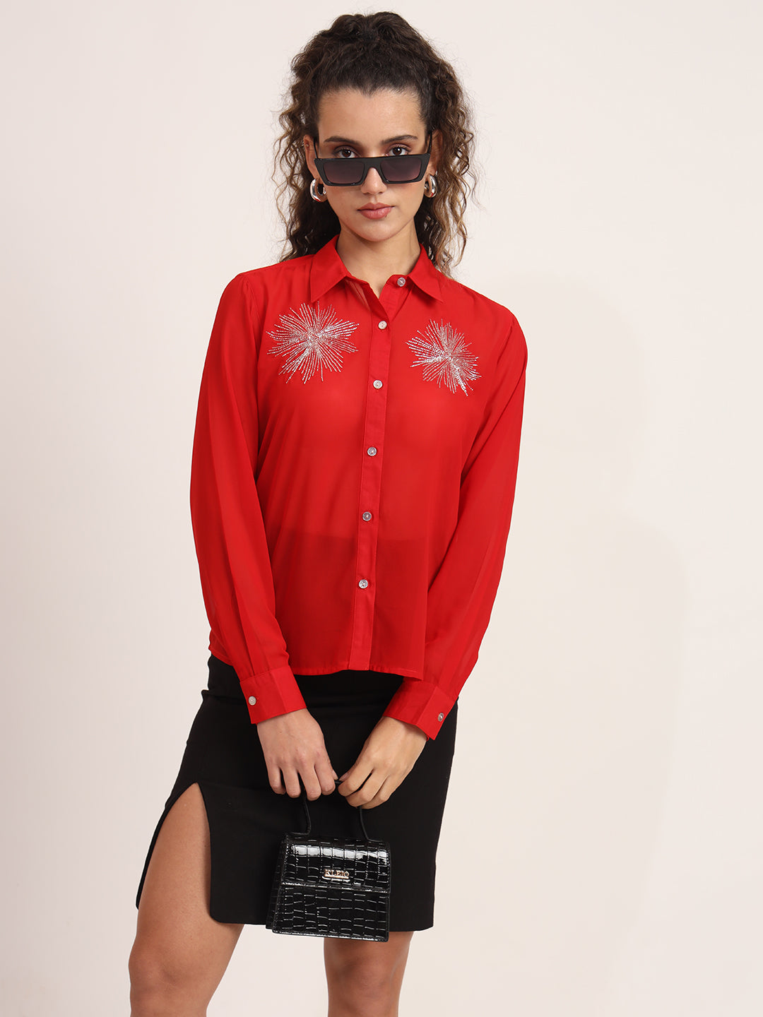 Women Semi Sheer Bead Work Partywear Shirt