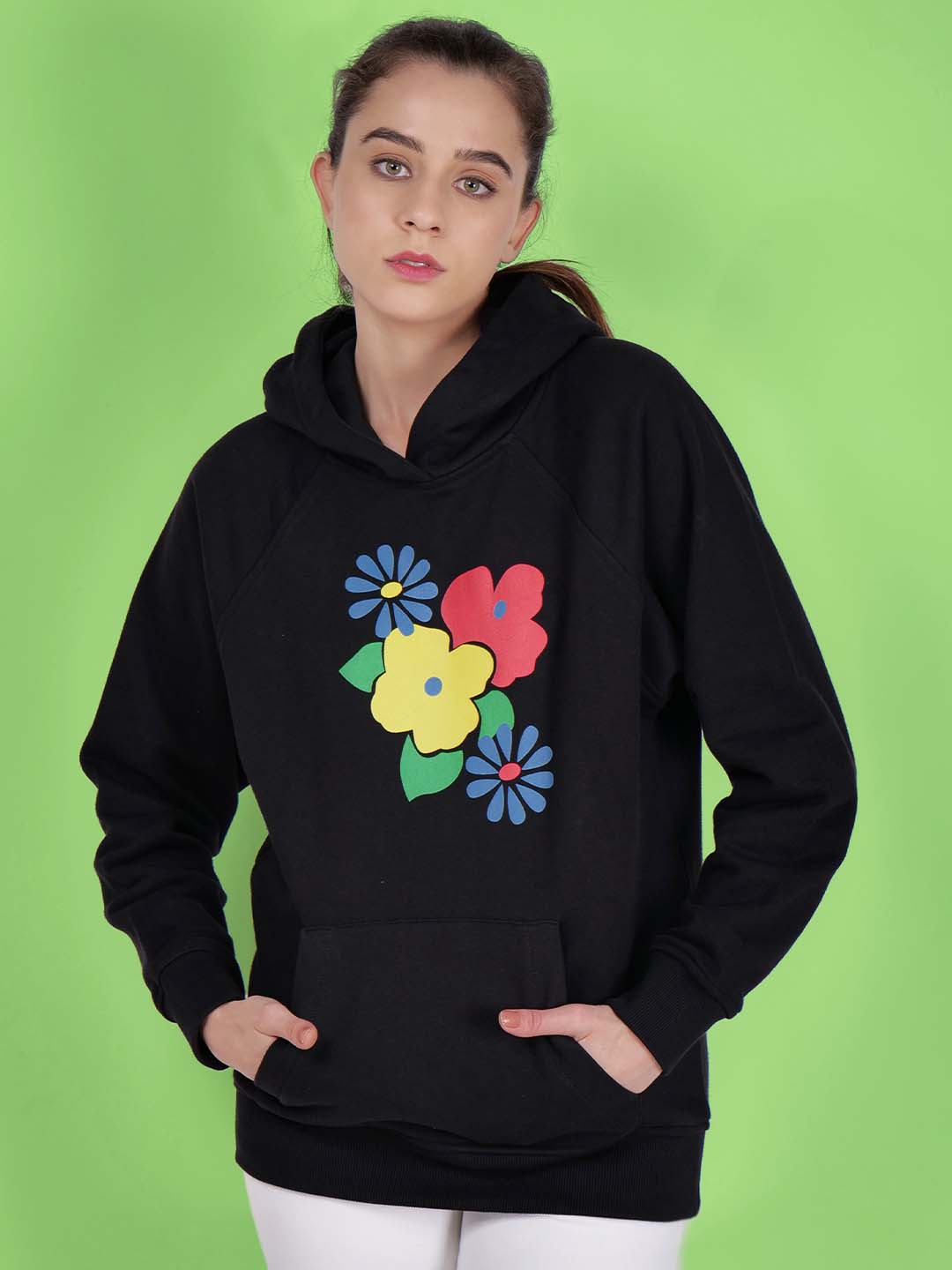 Elegant Black Floral Printed Cotton Hoodie for Women Trendy