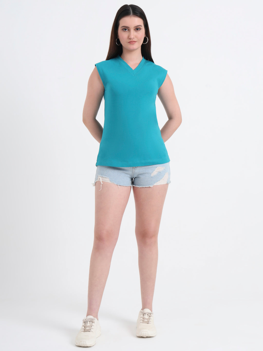 V-Neck Cap Sleeves Cotton T-shirt