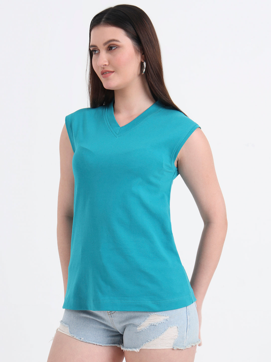 V-Neck Cap Sleeves Cotton T-shirt