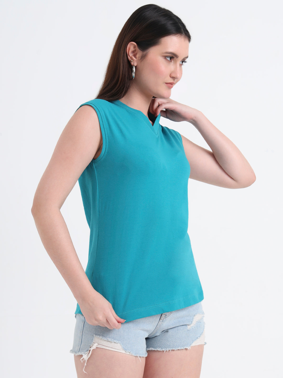 V-Neck Cap Sleeves Cotton T-shirt