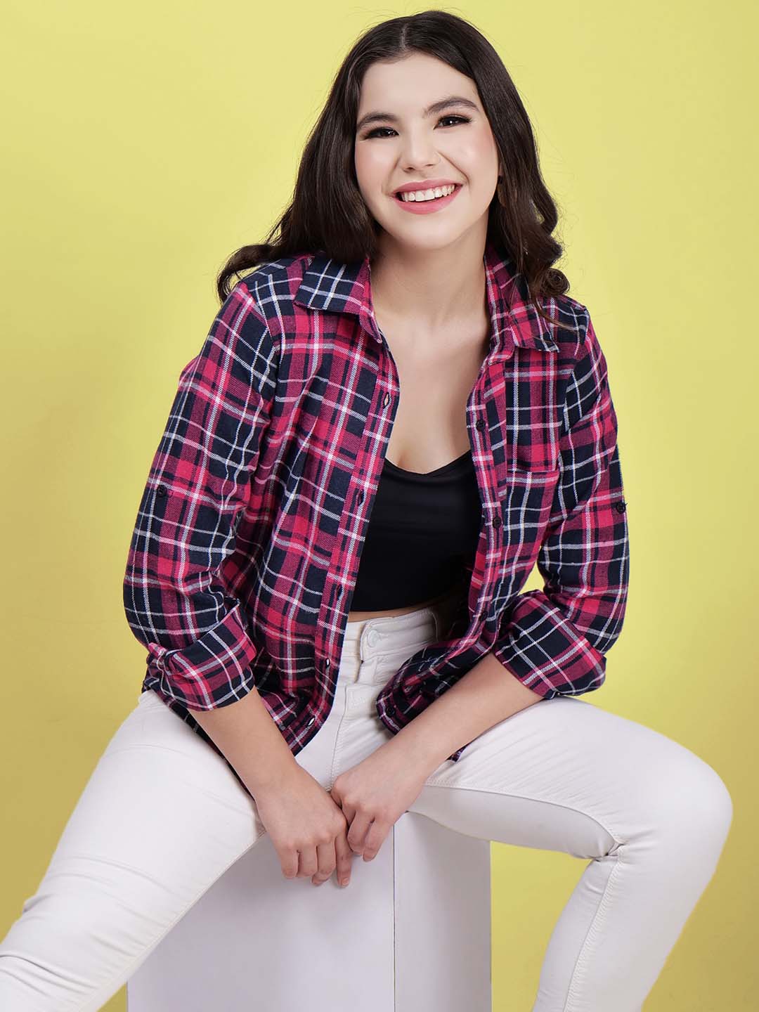 Women's Pink Check Cotton Shirt – Trendy Comfortable Casual Wear