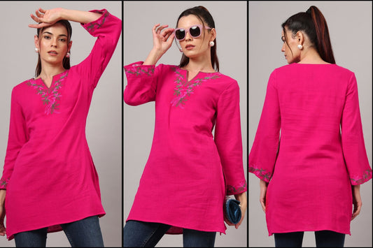 Elevate Your Style with the Floral Embroidered Cotton Pink Kurti