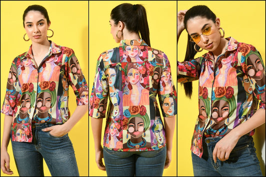 Embrace Boldness: The Multicolor Graphic Printed Oversize Shirt for Women