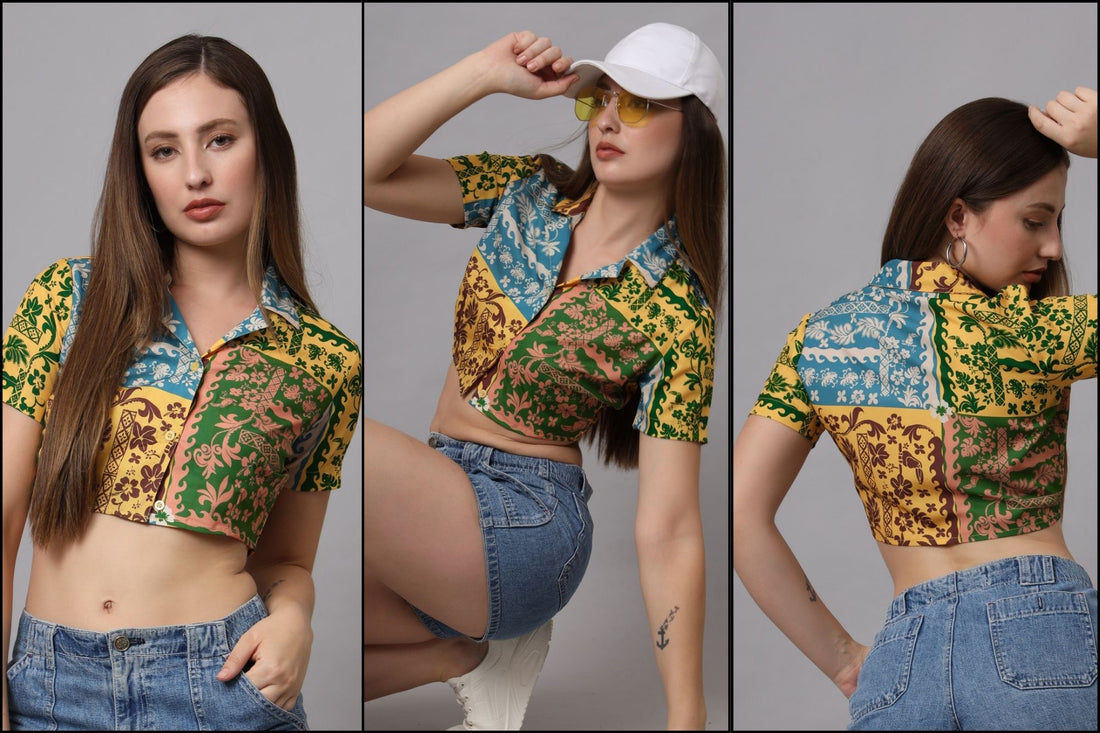 Graphic Printed Shirt Style Crop Top for Women