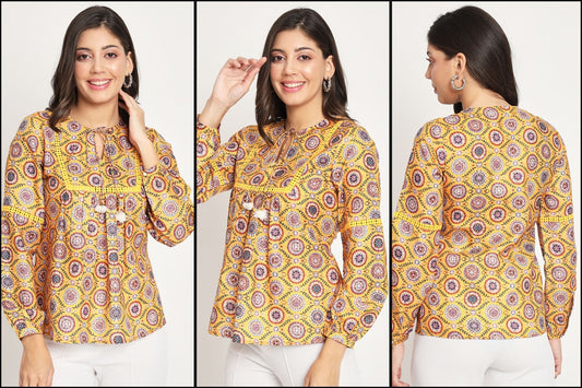 Elevate Your Wardrobe with Ethnic Motifs Printed Tie-Up Neck Kurti for Women