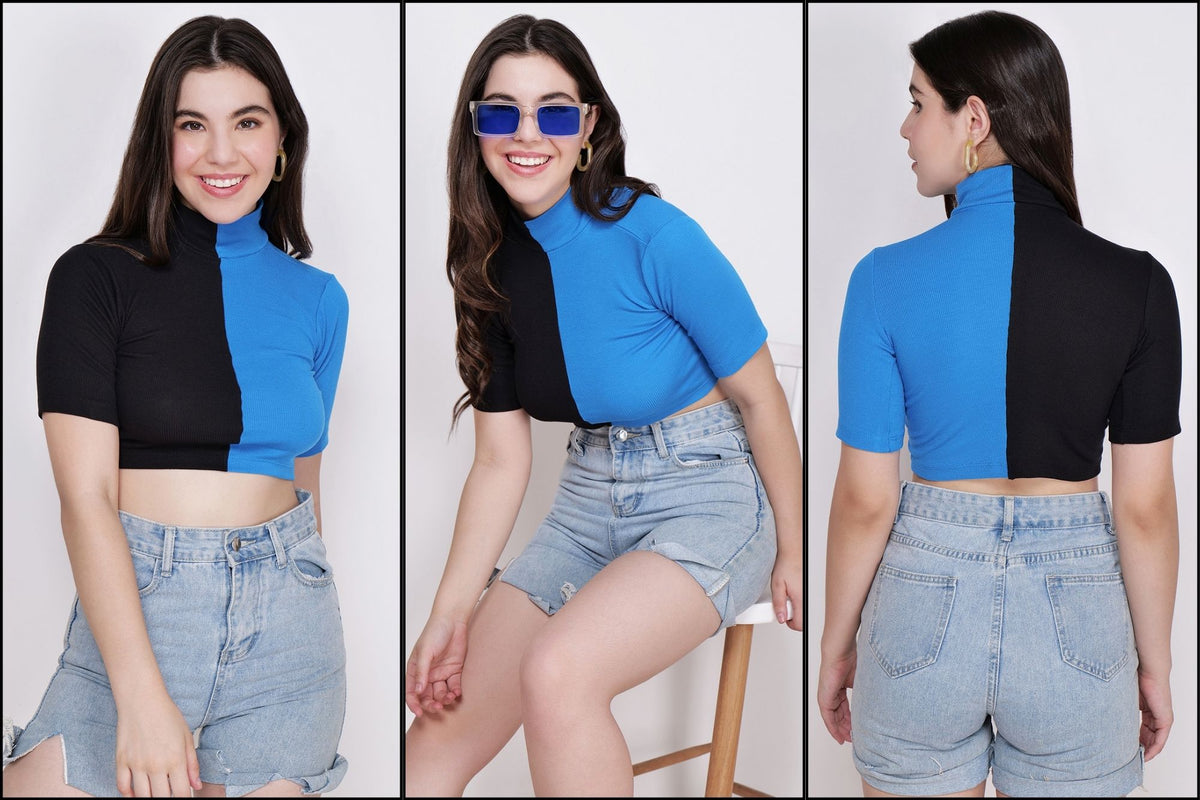 Rock the Trend with Our Women’s Blue & Black High Neck Fitted Crop Top