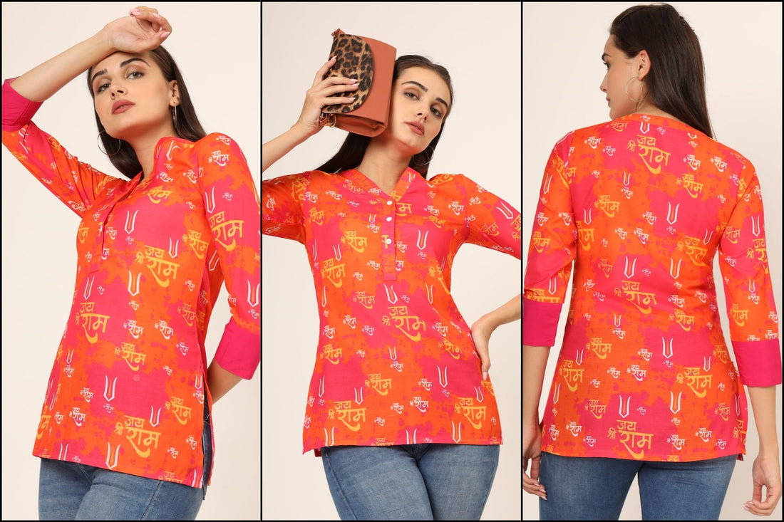 Embrace Devotional Fashion with Our Jai Shree Ram Printed V-Neck Cotton Blend Kurti