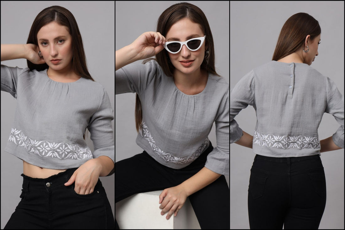 Embrace Style with Our Grey Embroidered Crop Top