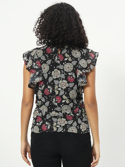 Floral Printed Mandarin Collar Flutter Sleeve Georgette Top