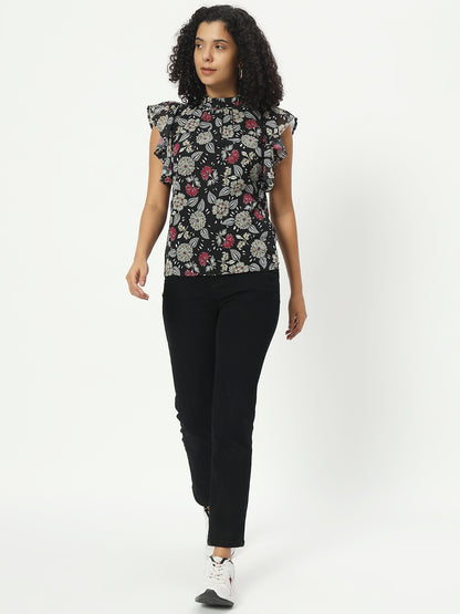 Floral Printed Mandarin Collar Flutter Sleeve Georgette Top