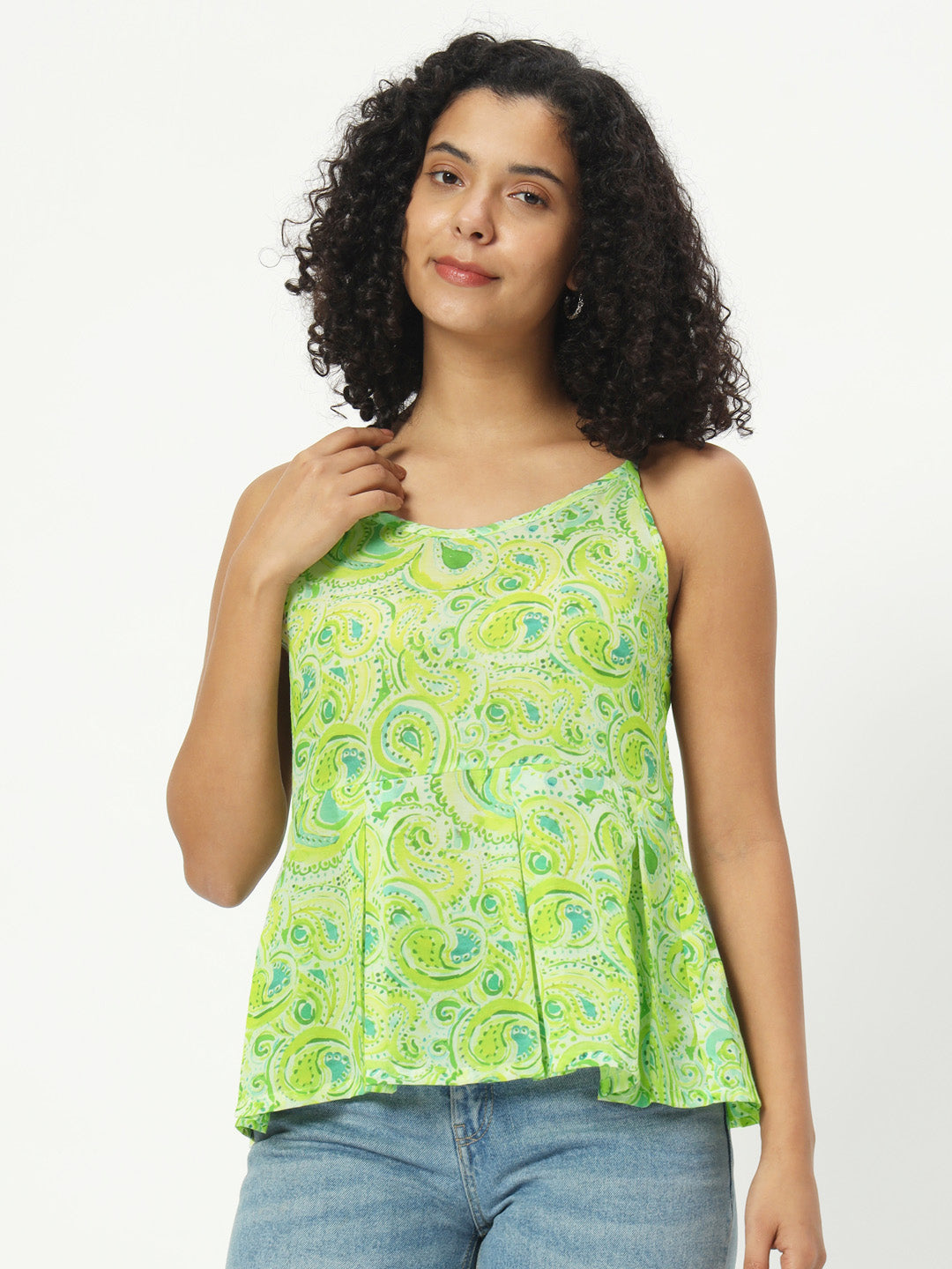 Women Floral Print Green Cotton Top