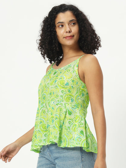 Women Floral Print Green Cotton Top