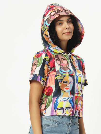 Women Graphic Printed Hooded Crepe Top