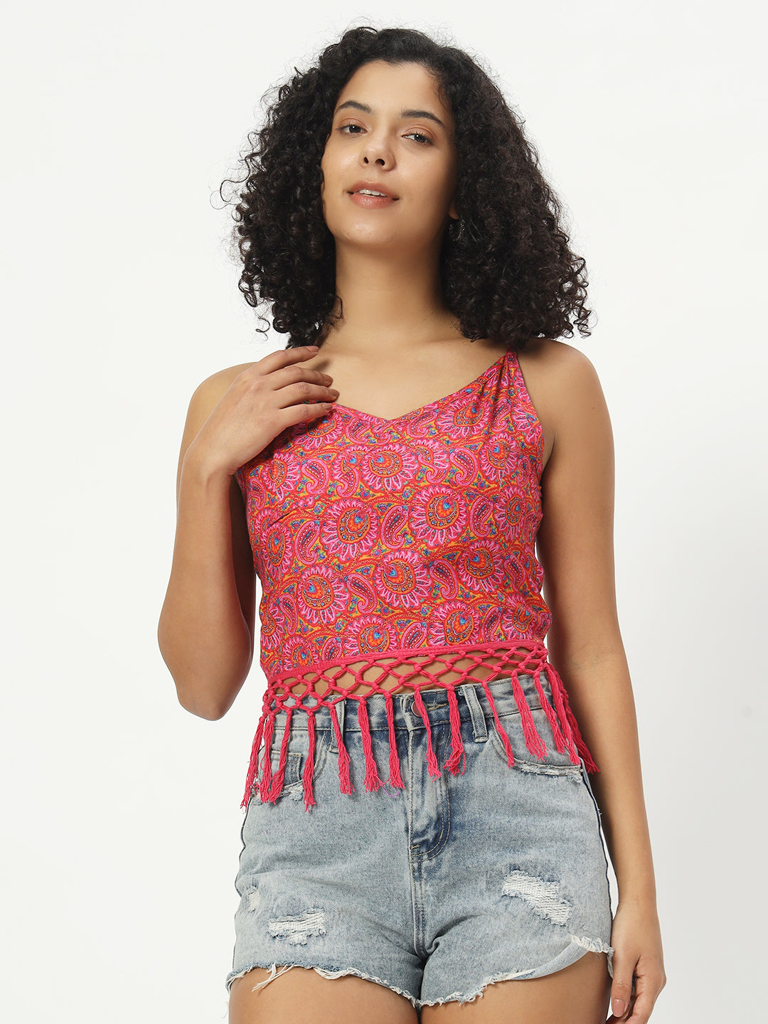 Women Ethnic Print Pink Cotton Top