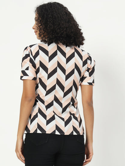 Women Geometric Printed Tie-Up Neck Top