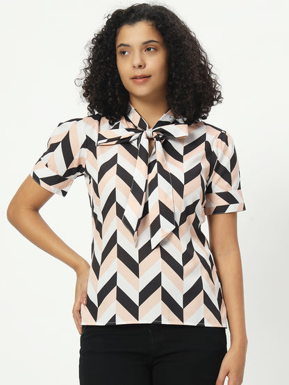 Women Geometric Printed Tie-Up Neck Top