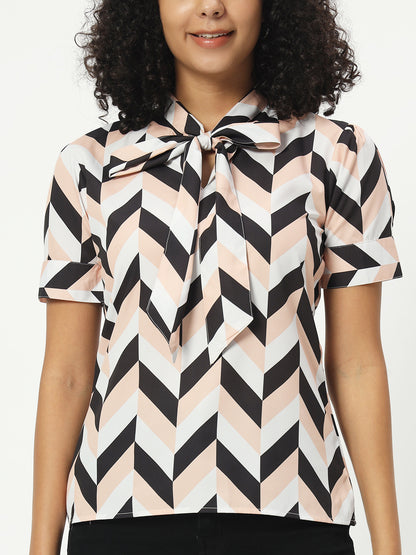 Women Geometric Printed Tie-Up Neck Top