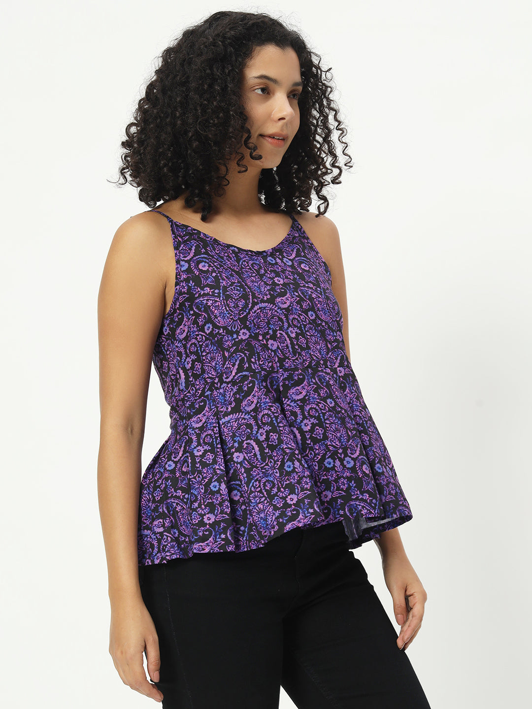 Women Floral Print Purple Cotton Top