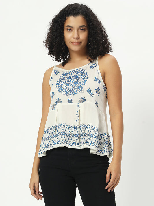 Women Printed White Cotton Top