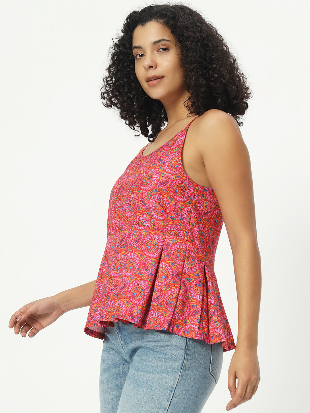 Women Floral Print Pink Cotton Top