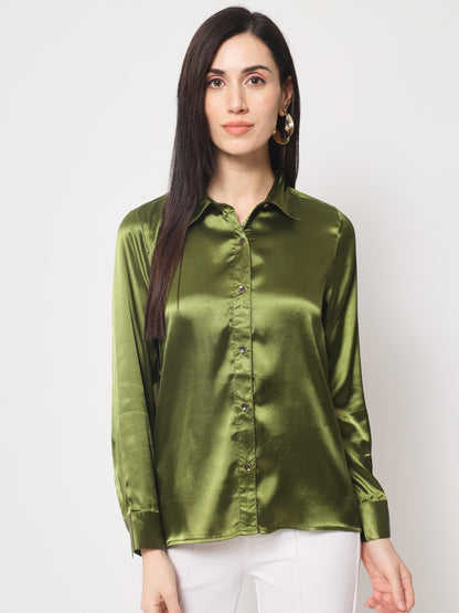 Women Olive Green Classic Slim Fit Casual Shirt