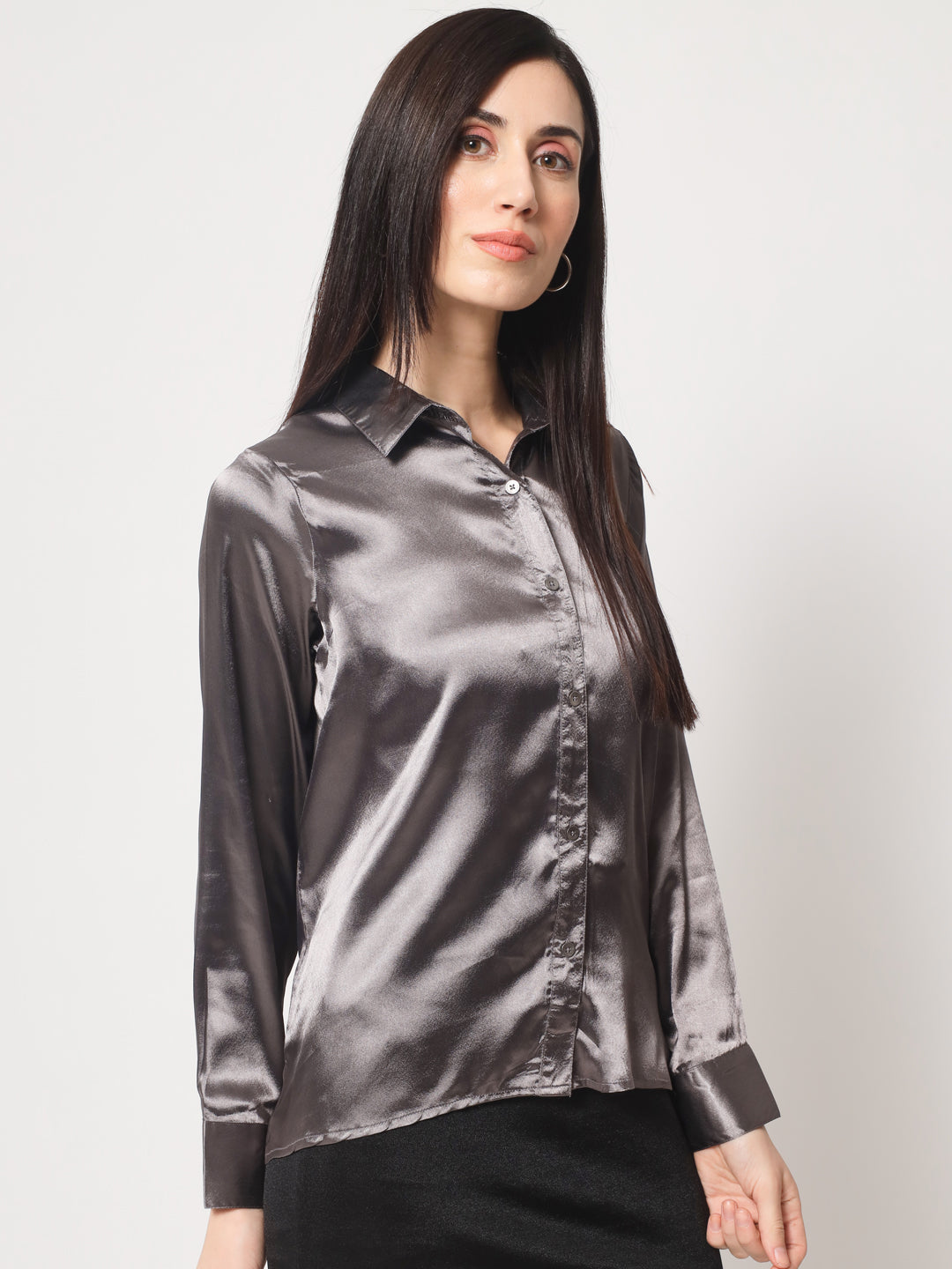 Women Grey Classic Slim Fit Casual Shirt