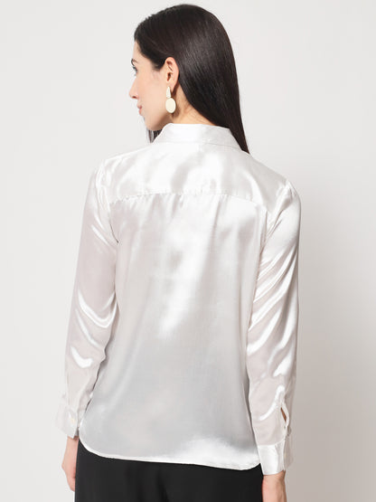 Women White Solid Slim Fit Satin Shirt