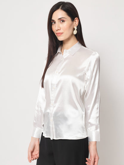 Women White Solid Slim Fit Satin Shirt