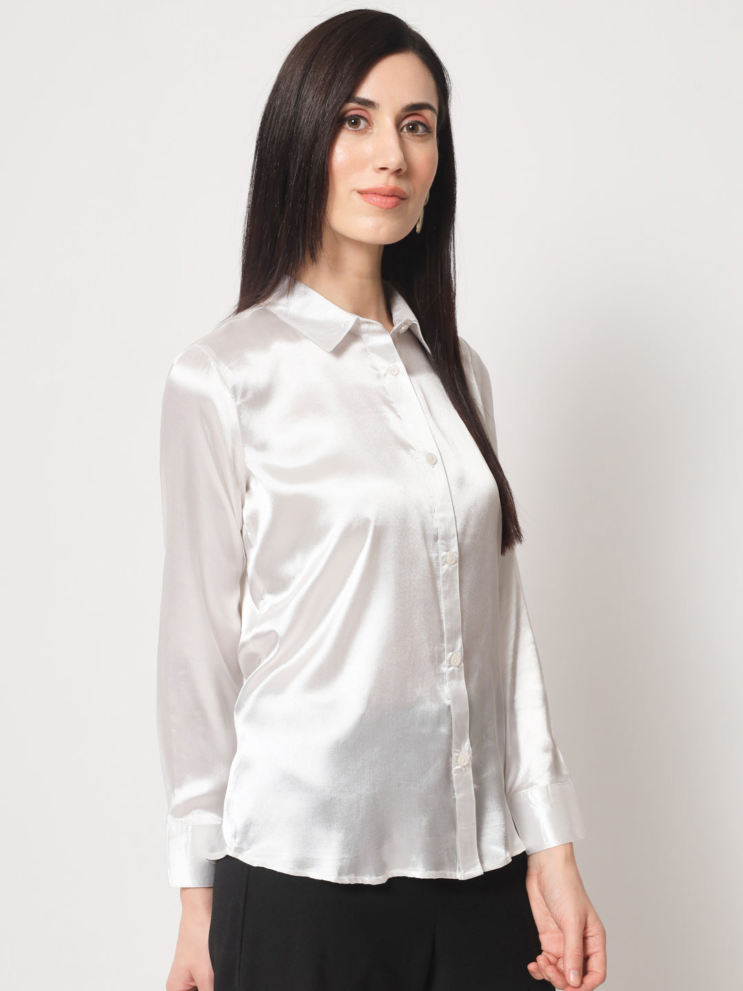 Women White Solid Slim Fit Satin Shirt