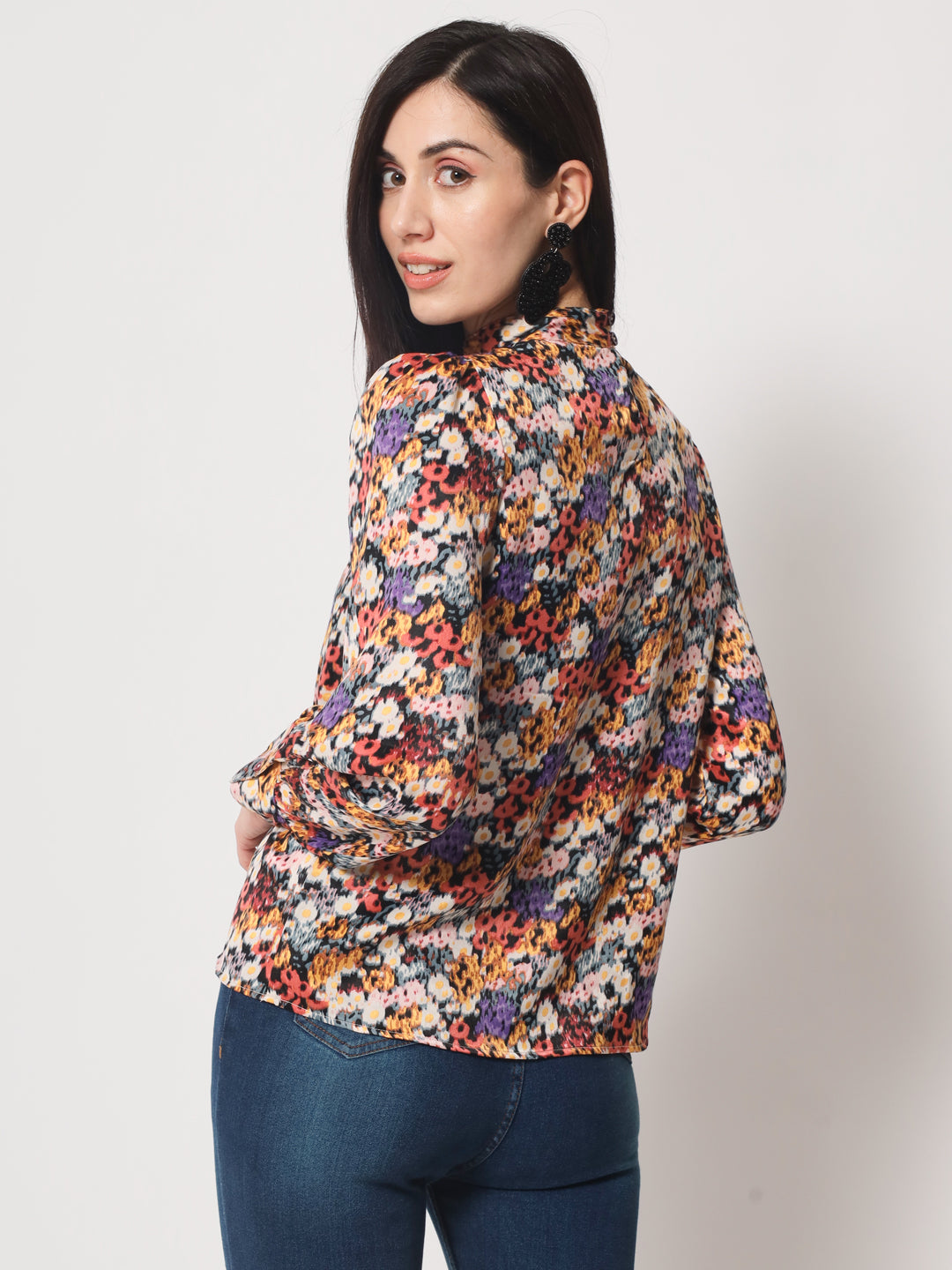 Multicoloured Floral Print Keyhole Neck Satin Top