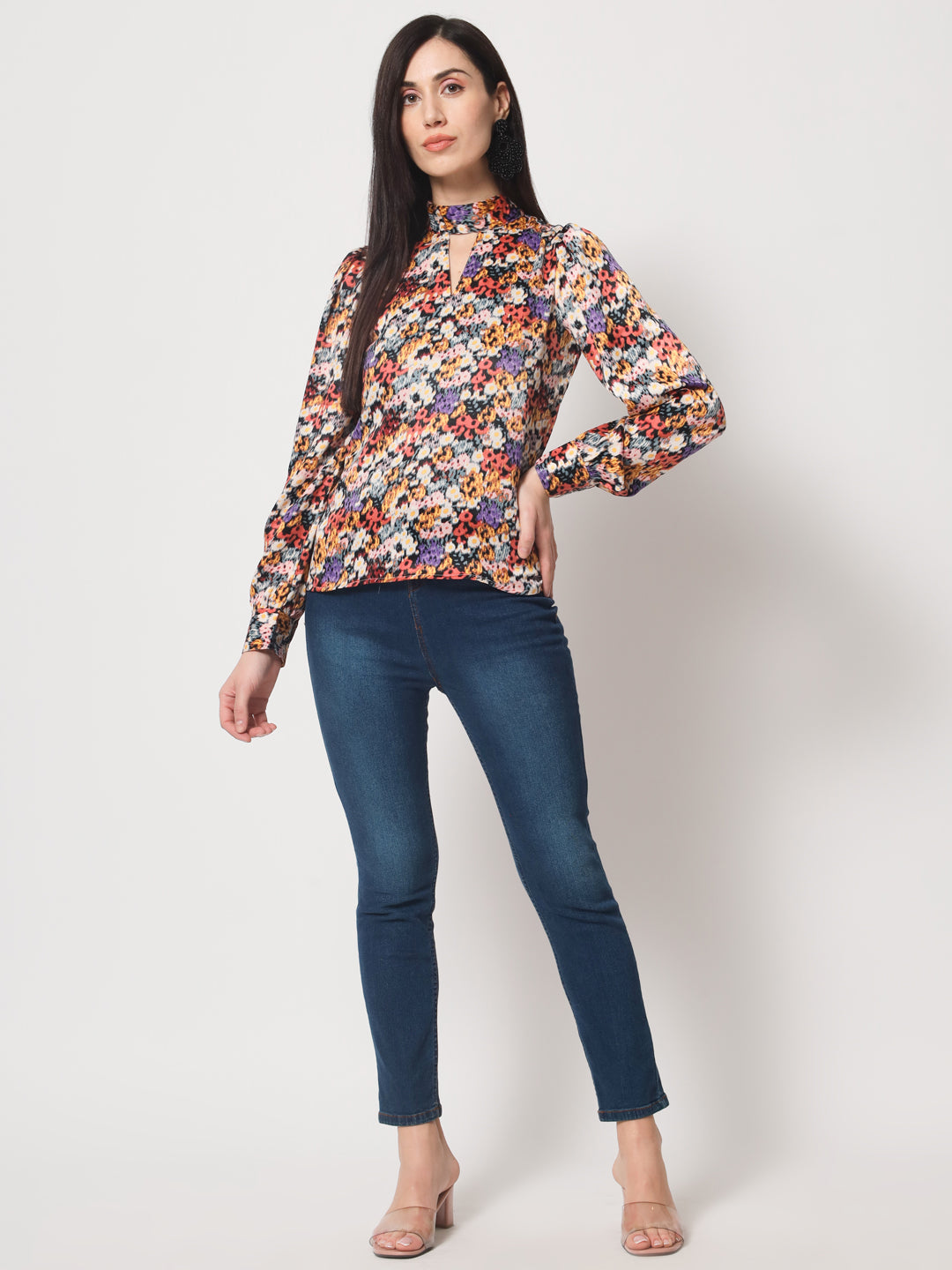 Multicoloured Floral Print Keyhole Neck Satin Top