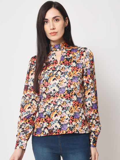 Multicoloured Floral Print Keyhole Neck Satin Top