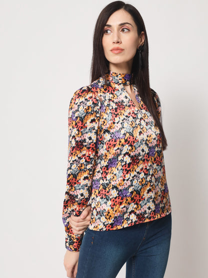 Multicoloured Floral Print Keyhole Neck Satin Top