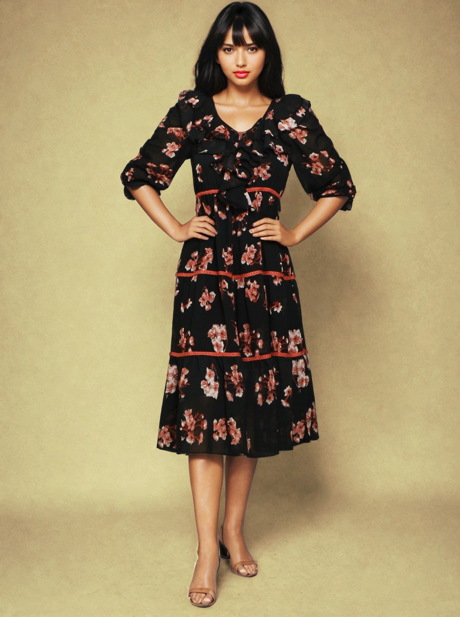 Floral Print Georgette V-Neck Puff Sleeves Opaque Fit & Flare Midi Dress